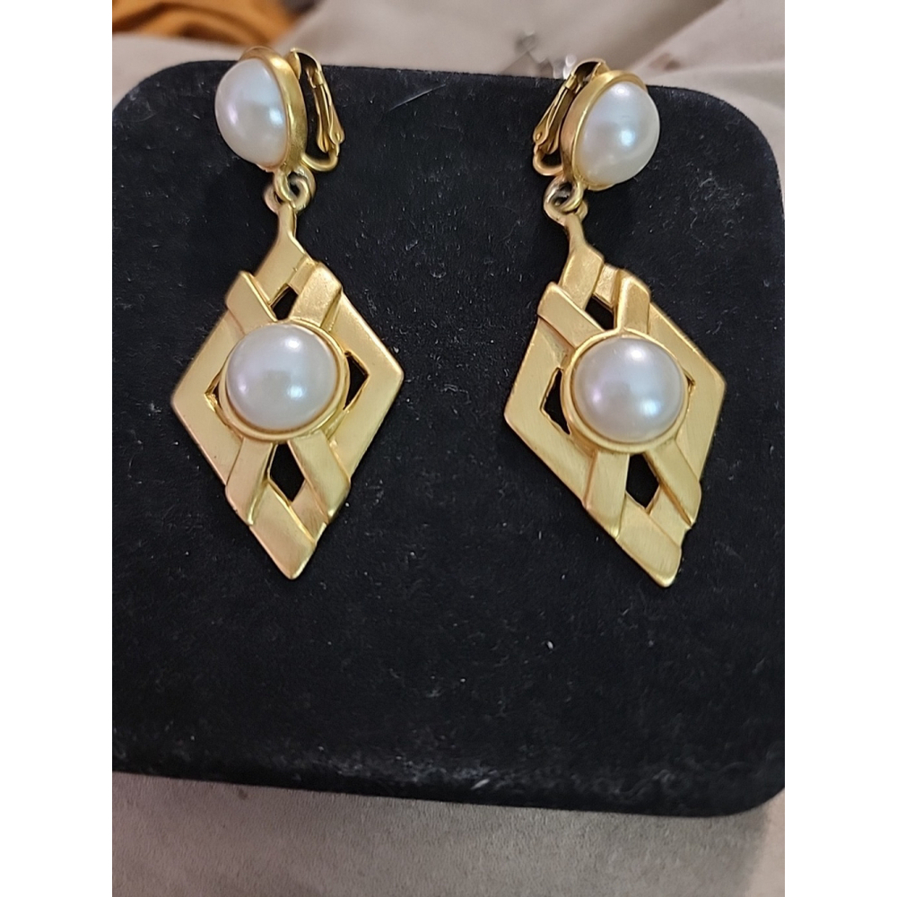 Vintage Gold Tone Dangling Faux Pearl Clip On Earrings